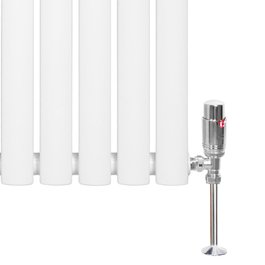 Radiatore ovale a colonna singola orizzontale bianco con valvole, design elegante e finitura liscia, dimensioni 600 x 780 mm
