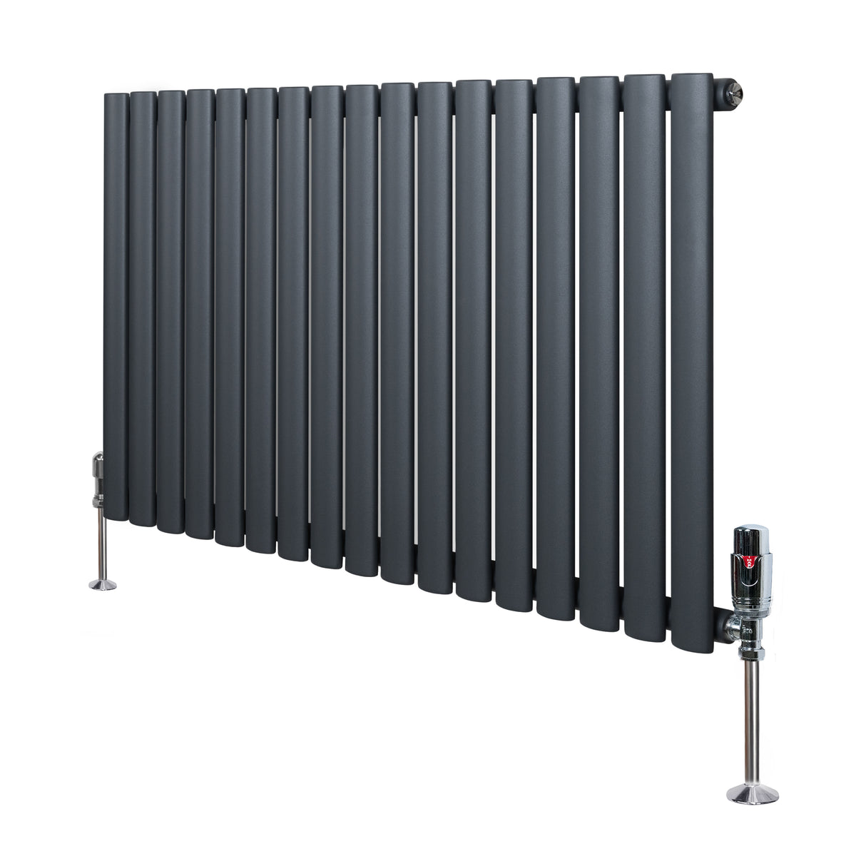 Radiatore orizzontale a colonna singola, 600 x 1020 mm, in antracite, con finitura liscia e valvole cromate, design moderno e elegante