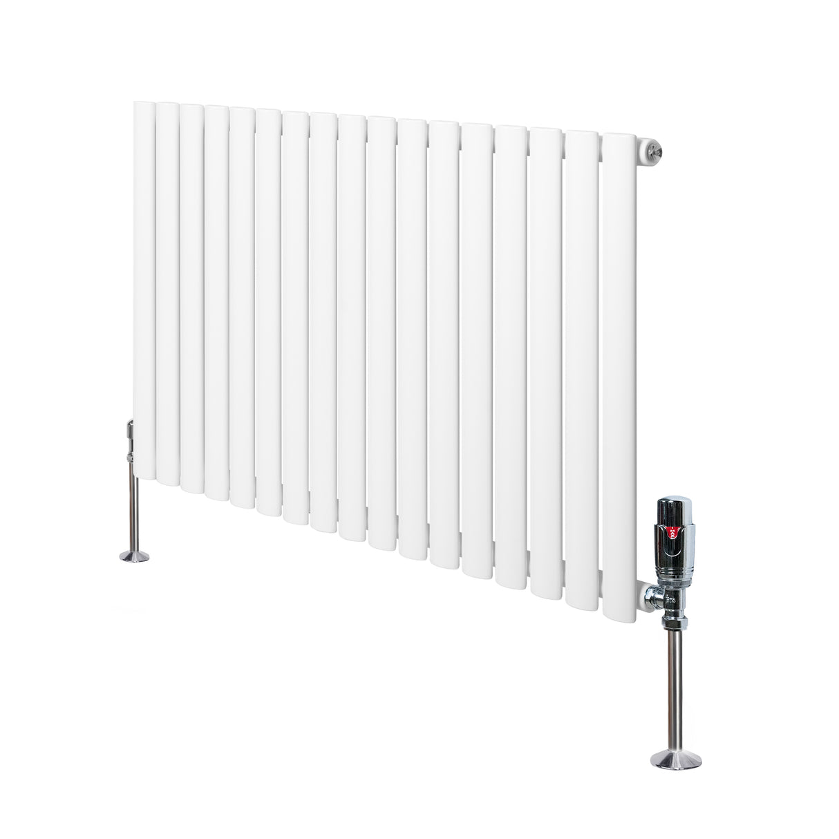 Radiatore ovale a colonna singola orizzontale bianco, con finitura liscia e valvole cromate, dimensioni 600 x 1020 mm