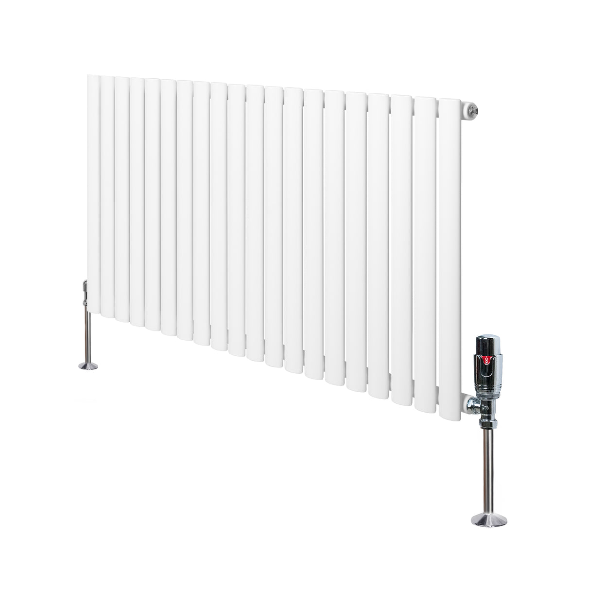 Radiatore ovale a colonna singola orizzontale bianco, con finitura liscia e valvole in metallo, dimensioni 600 x 1200 mm