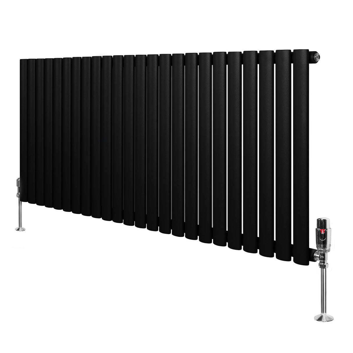 Radiatore ovale a colonna singola orizzontale, 600 x 1440 mm, finitura nera opaca, con valvole metalliche eleganti e linee moderne