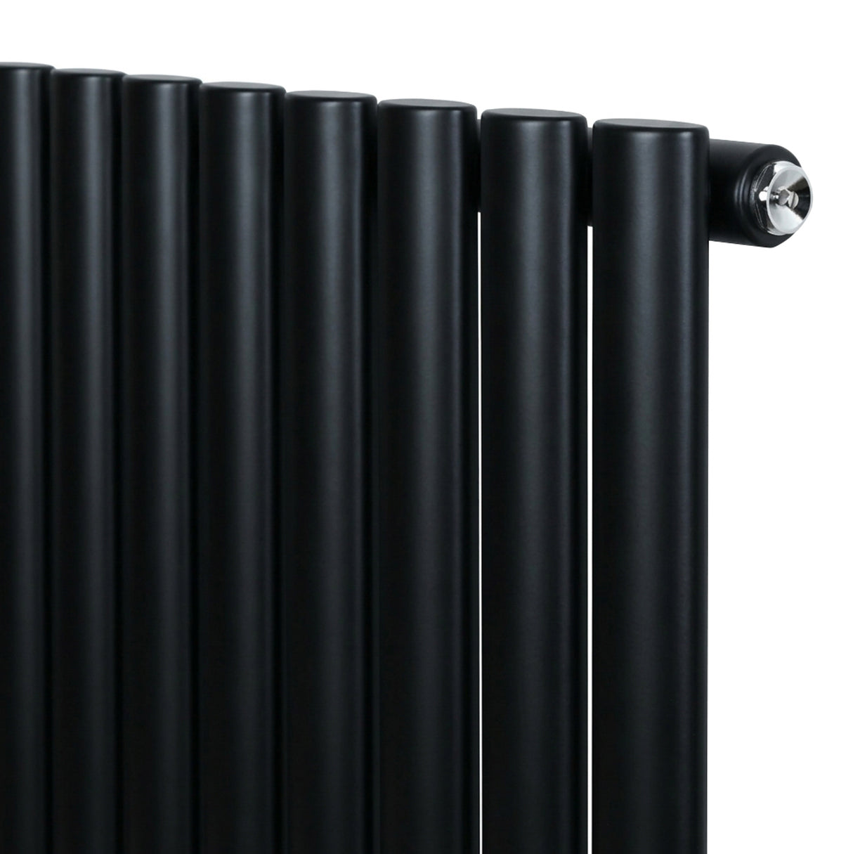 Radiatore ovale a colonna singola orizzontale, 600 x 1440 mm, finitura nera opaca con valvole in acciaio lucido e design elegante