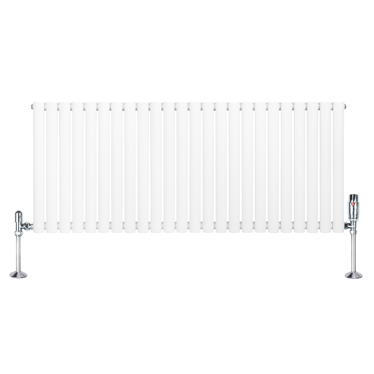 Radiatore ovale a colonna singola orizzontale bianco, con finitura liscia e valvole cromate, dimensioni 600 x 1440 mm