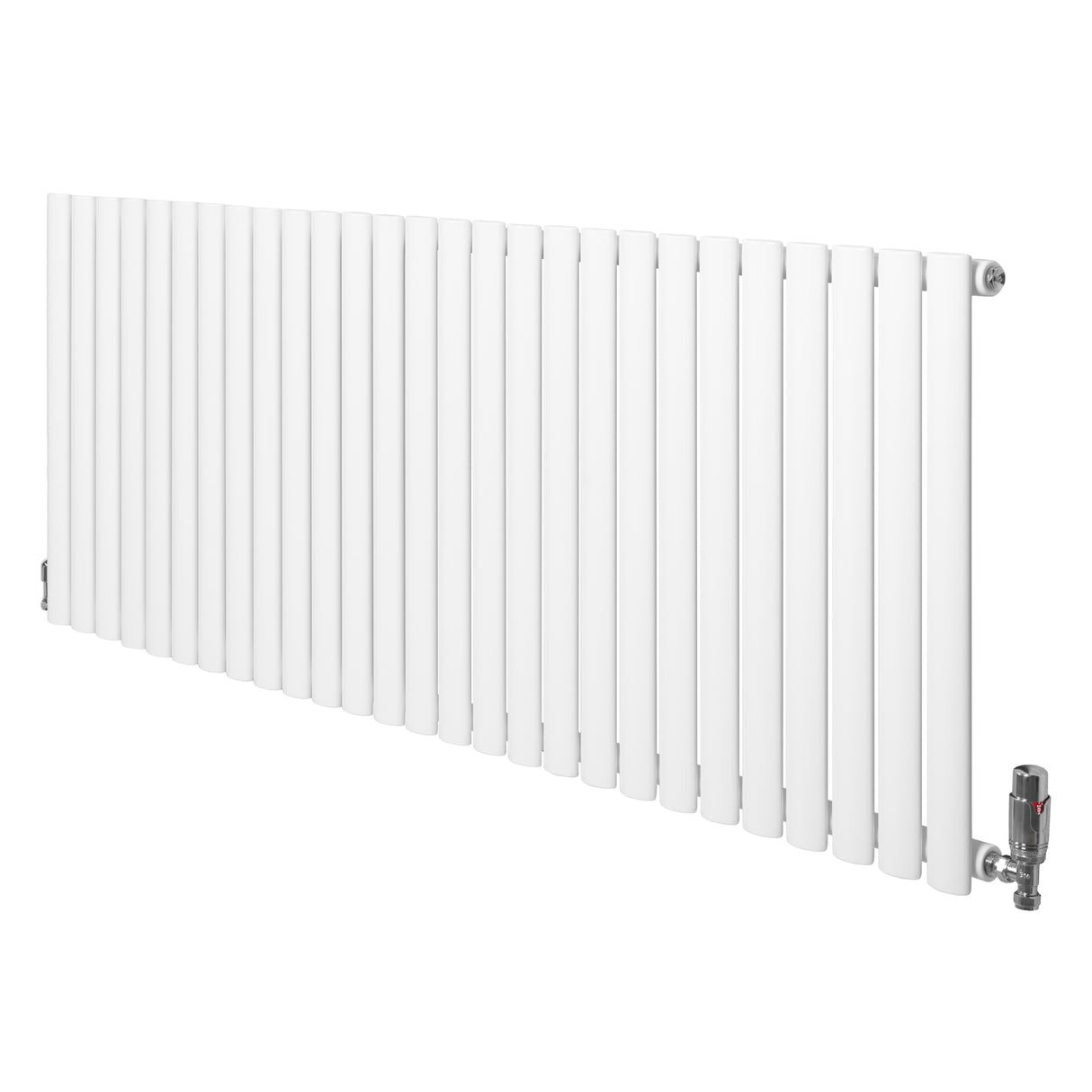 Radiatore ovale a colonna singola orizzontale bianco, con finitura liscia e valvole, dimensioni 600 x 1620 mm, design moderno e elegante