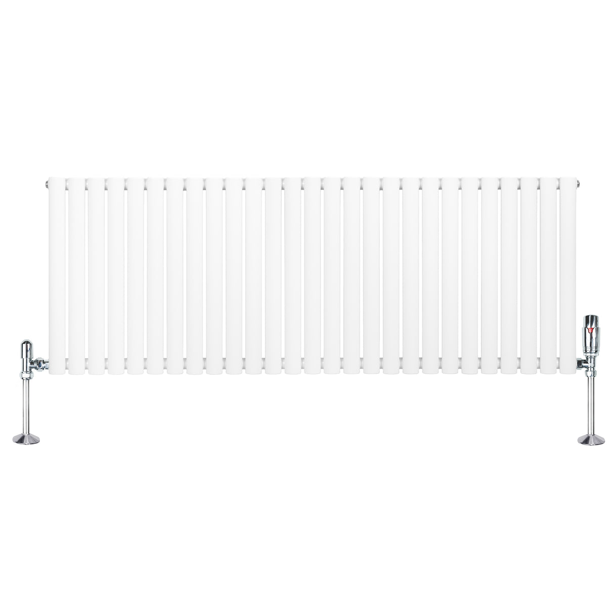 Radiatore ovale a colonna singola orizzontale bianco, con finitura liscia e valvole cromate, dimensioni 600 x 1620 mm