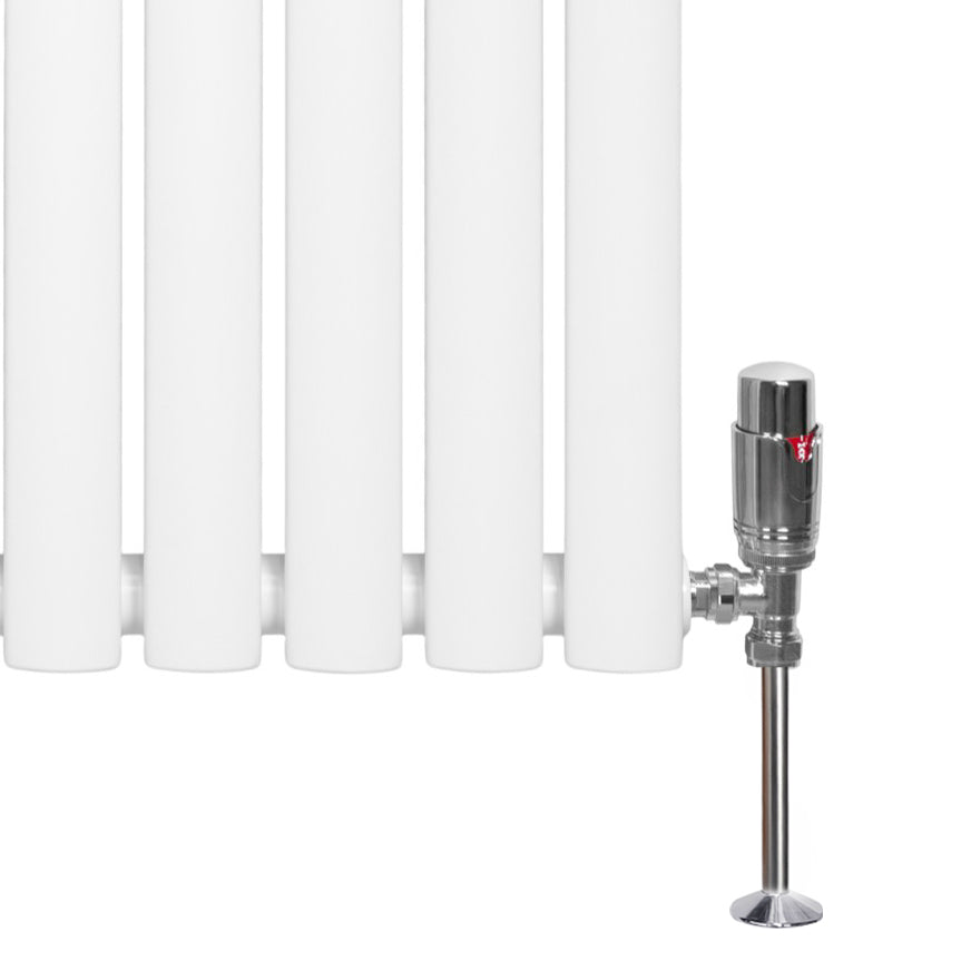 Radiatore ovale a colonna singola orizzontale bianco con valvole, design elegante e superficie liscia, dimensioni 600 x 1620 mm