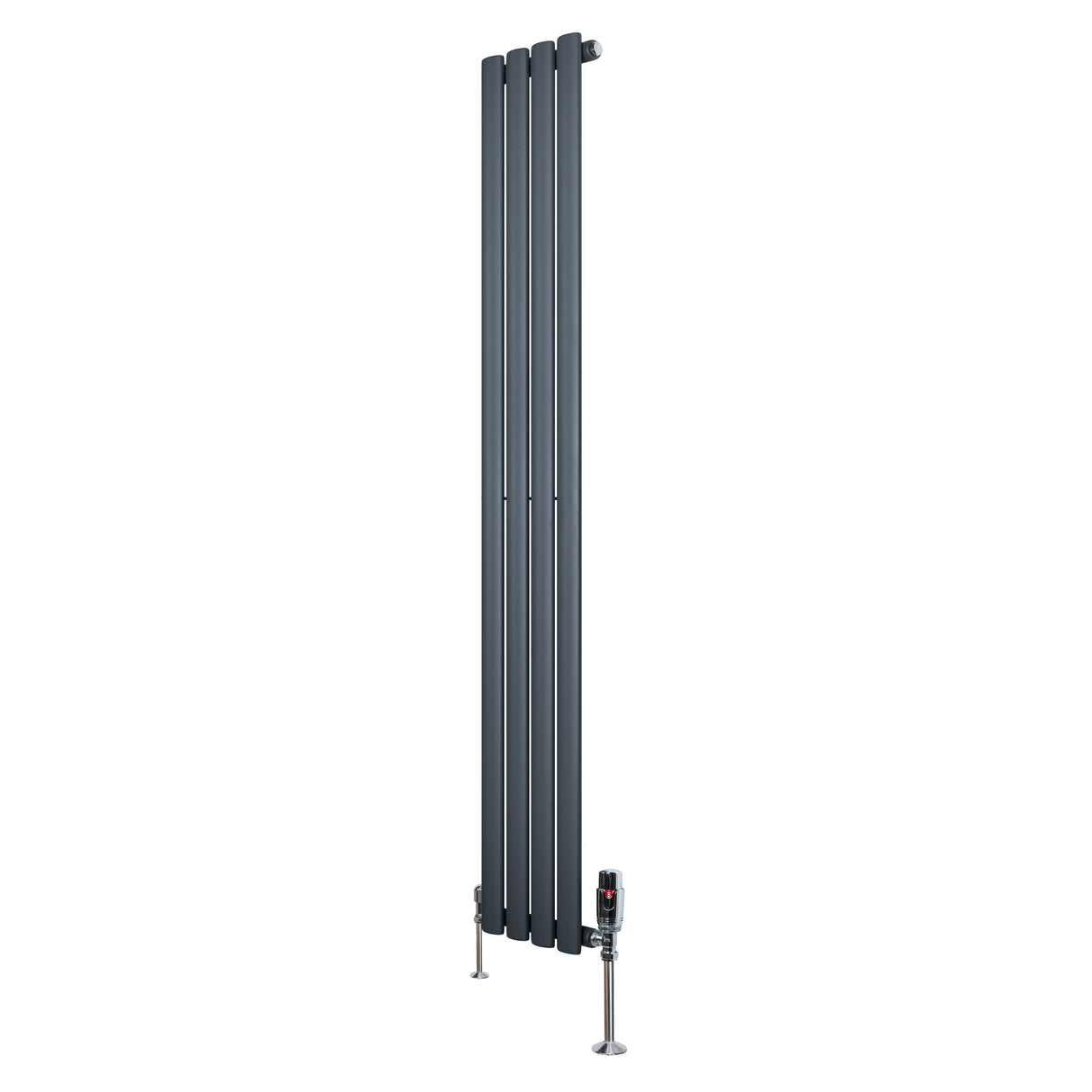 Radiatore ovale a colonna singola verticale antracite, dimensioni 1600 x 240 mm, con finitura liscia e valvole in metallo lucido