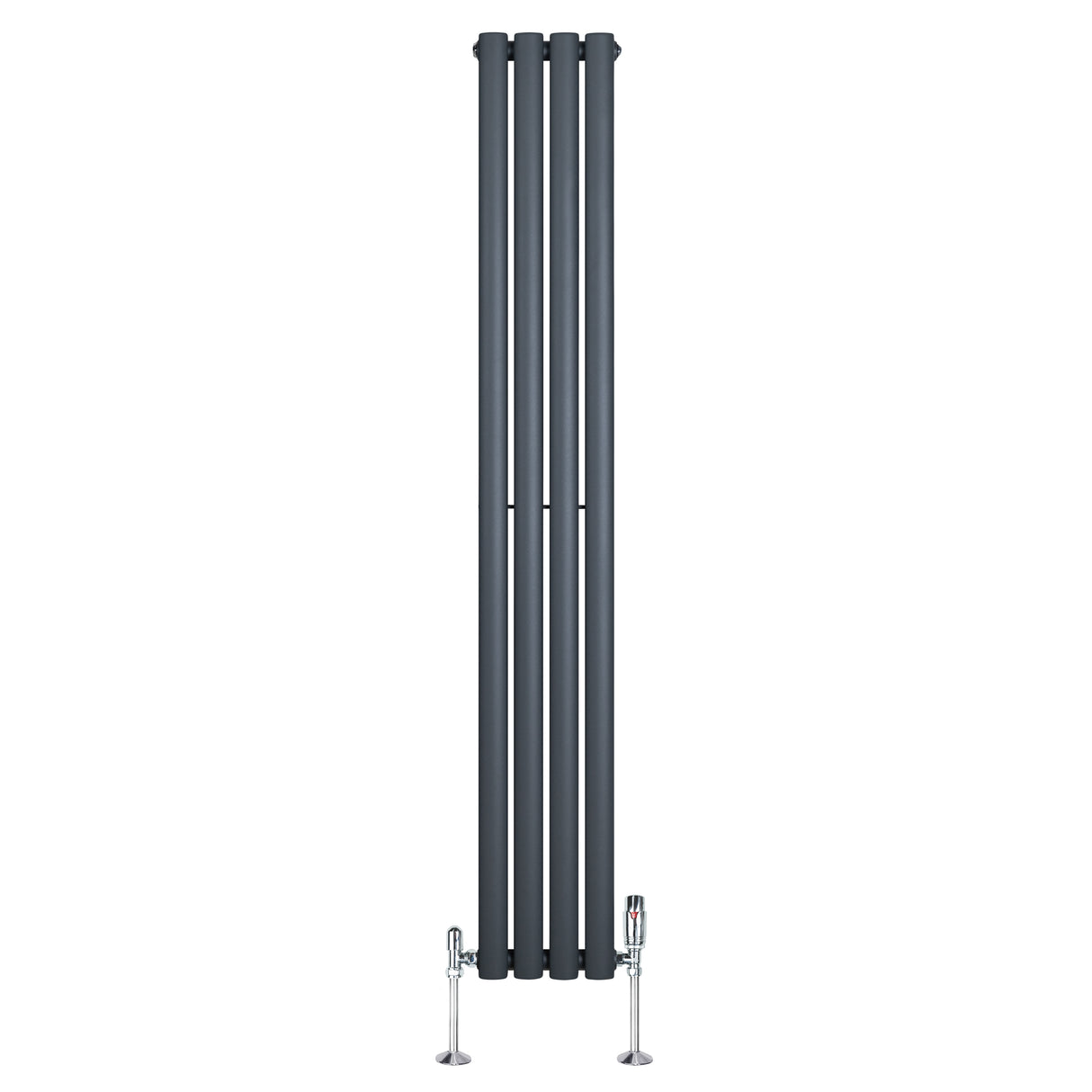 Radiatore ovale a colonna singola verticale antracite, 1600 x 240 mm, con finitura liscia e valvole cromate ai lati