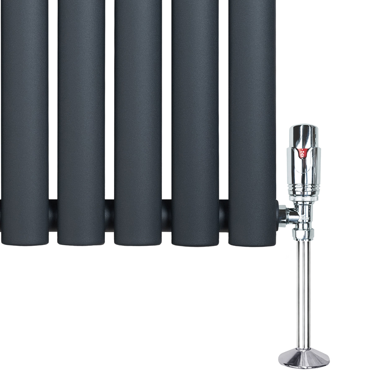 Radiatore ovale a colonna singola verticale antracite, con finitura liscia e valvola cromata elegante, dimensioni 1600 x 240 mm