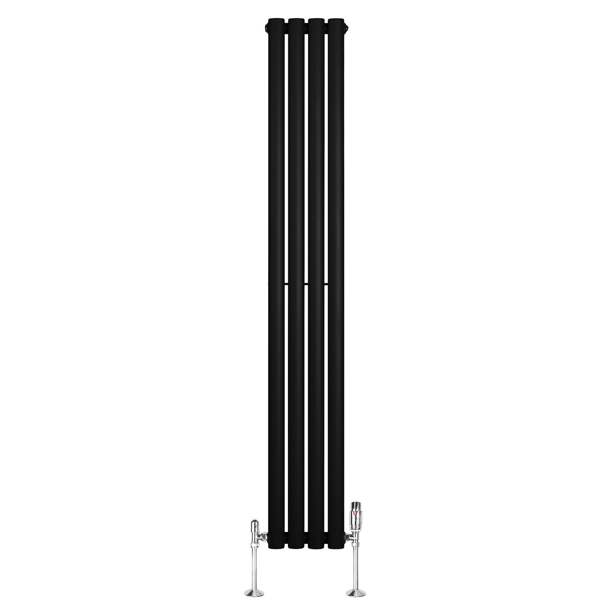 Radiatore ovale a colonna singola verticale, 1600 x 240 mm, finitura nera opaca con valvole cromate, design elegante e moderno