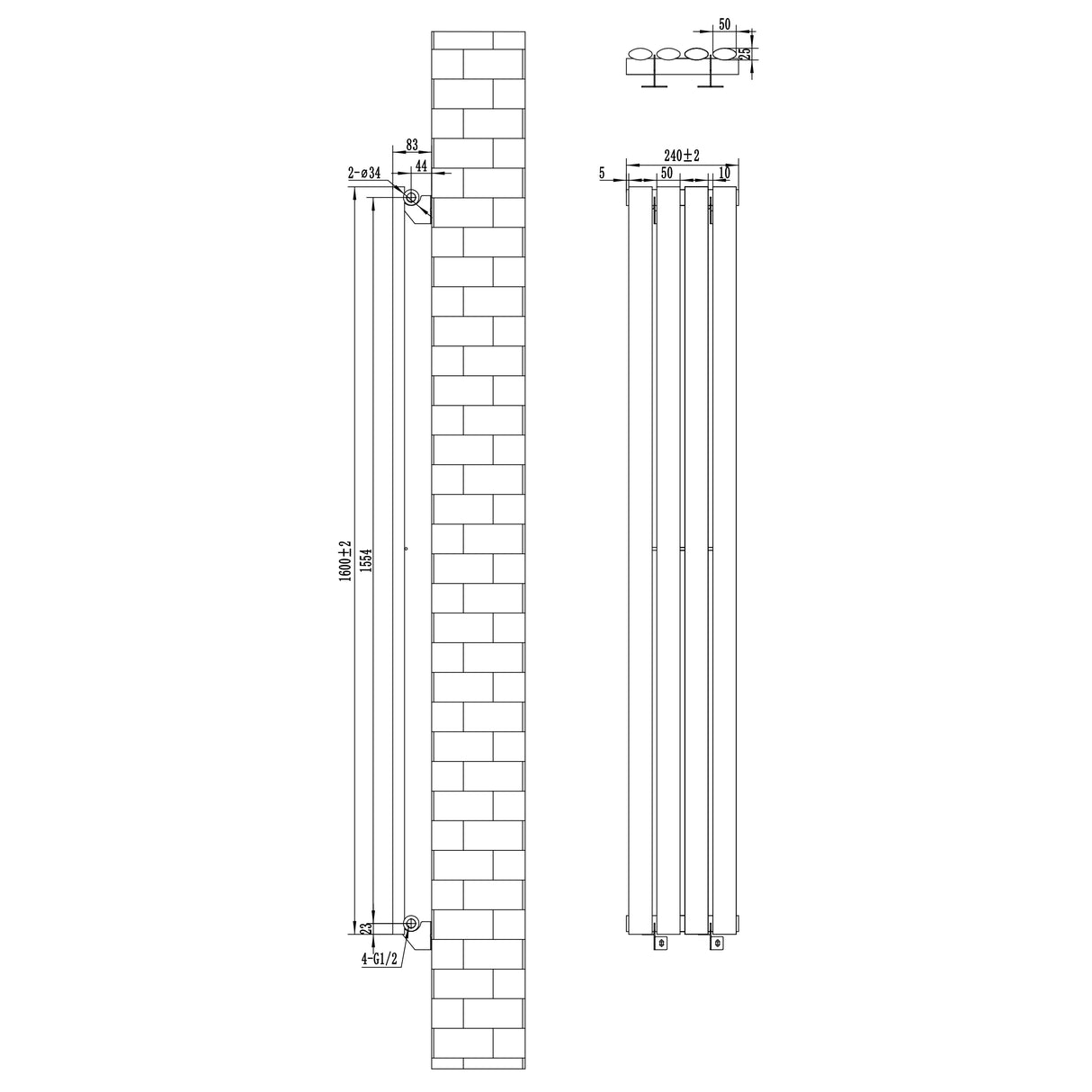 Radiatore ovale a colonna singola verticale bianco, dimensioni 1600 x 240 mm, con valvole e design elegante e moderno
