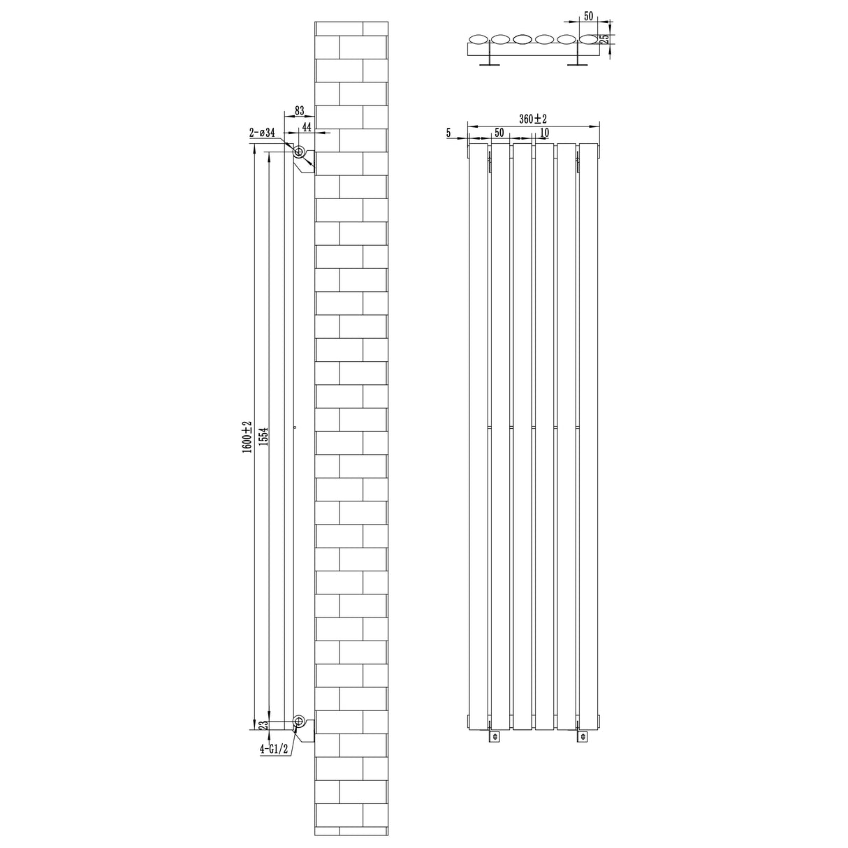Radiatore ovale a colonna singola verticale antracite, dimensioni 1600 x 360 mm, con finitura liscia e valvole integrate