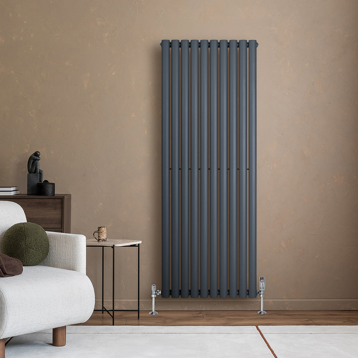 Radiatore Ovale a Colonna Singola Verticale con Valvole 1600 x 600 mm Antracite