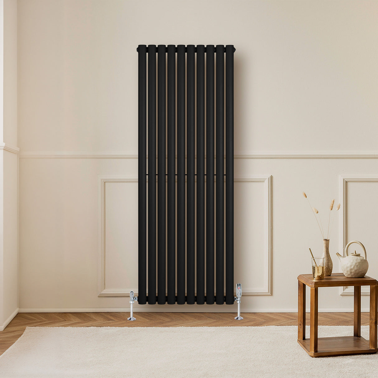 Radiatore Ovale a Colonna Singola Verticale con Valvole 1600 x 600 mm Nero