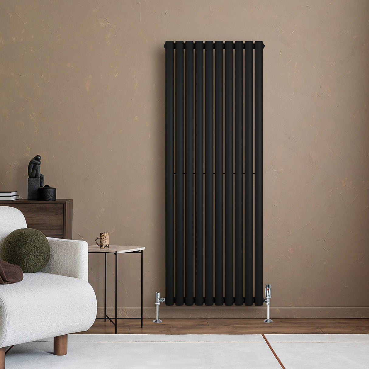 Radiatore Ovale a Colonna Singola Verticale con Valvole 1600 x 600 mm Nero