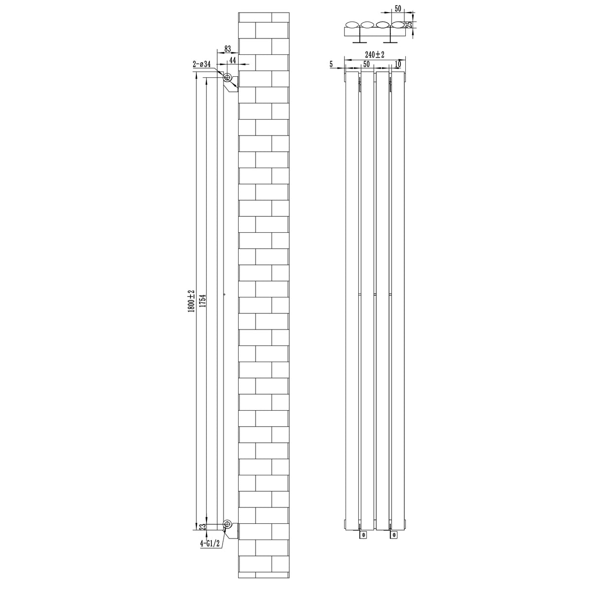 Radiatore Ovale a Colonna Singola Verticale con Valvole 1800 x 240 mm Antracite