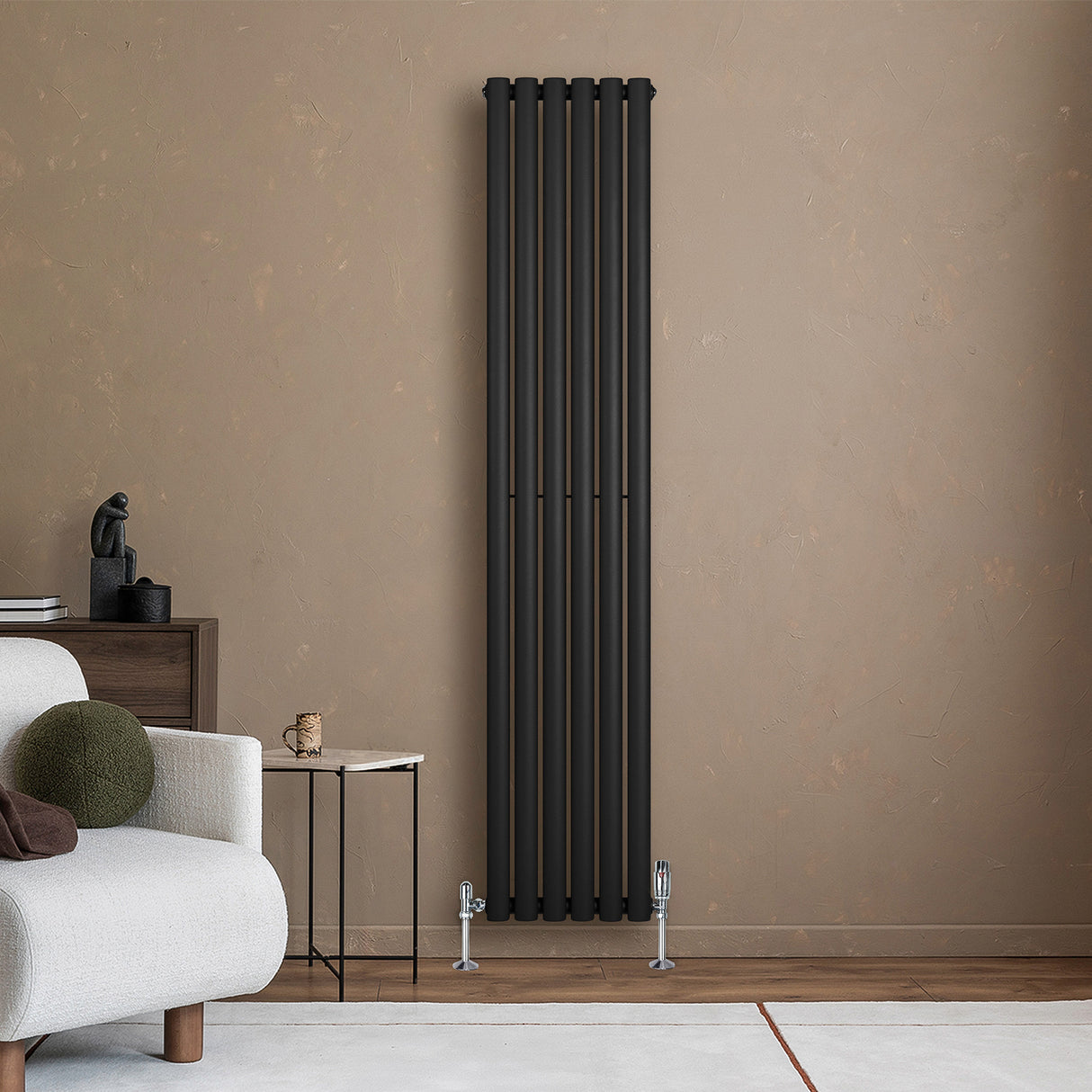 Radiatore Ovale a Colonna Singola Verticale con Valvole 1800 x 360 mm Nero