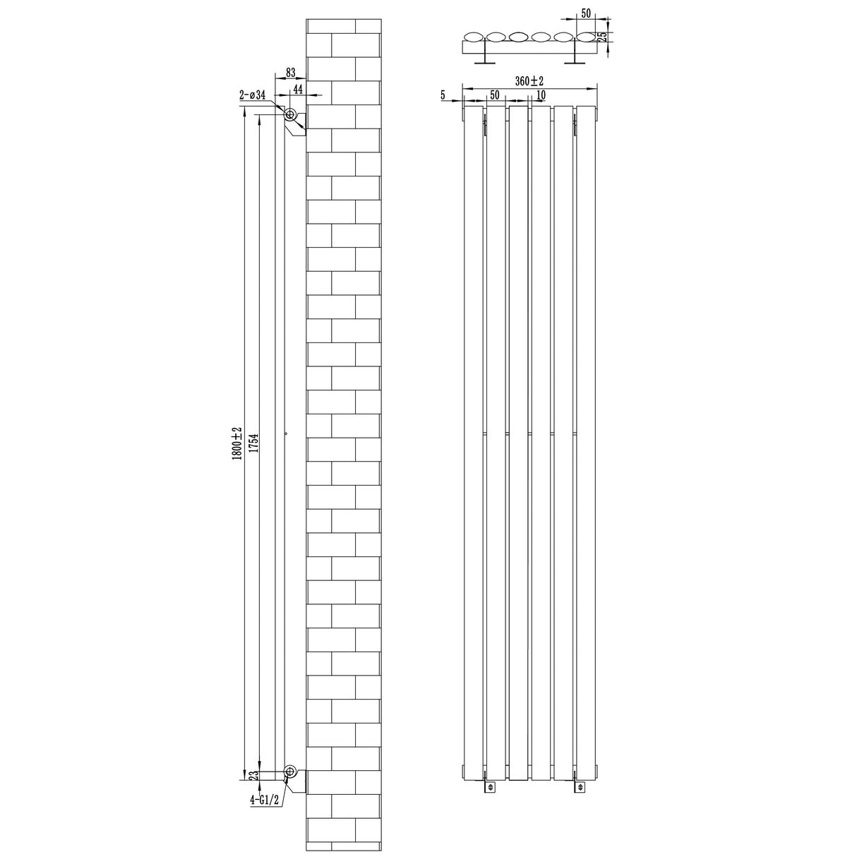 Radiatore Ovale a Colonna Singola Verticale con Valvole 1800 x 360 mm Nero