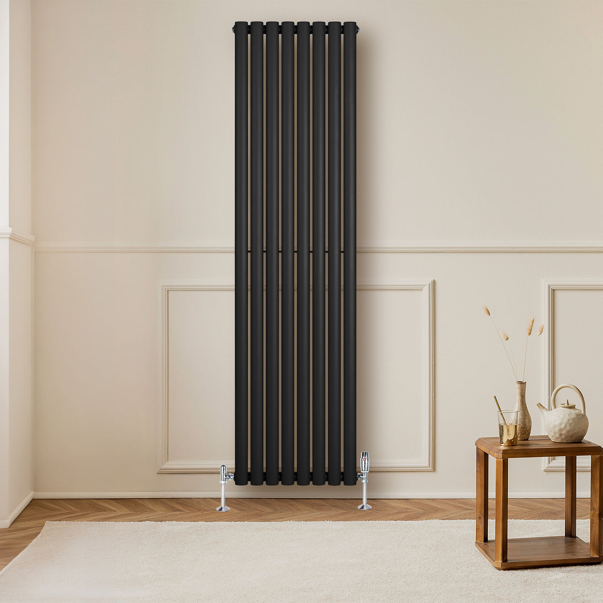Radiatore Ovale a Colonna Singola Verticale con Valvole 1800 x 480 mm Nero