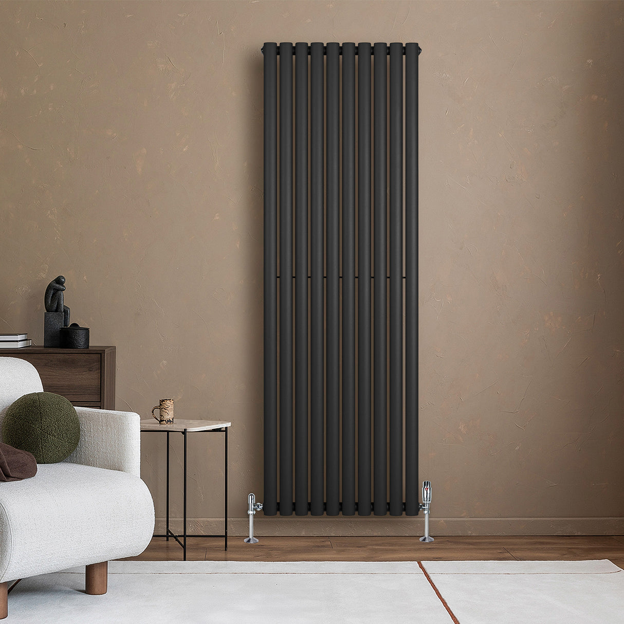 Radiatore Ovale a Colonna Singola Verticale con Valvole 1800 x 600 mm Nero