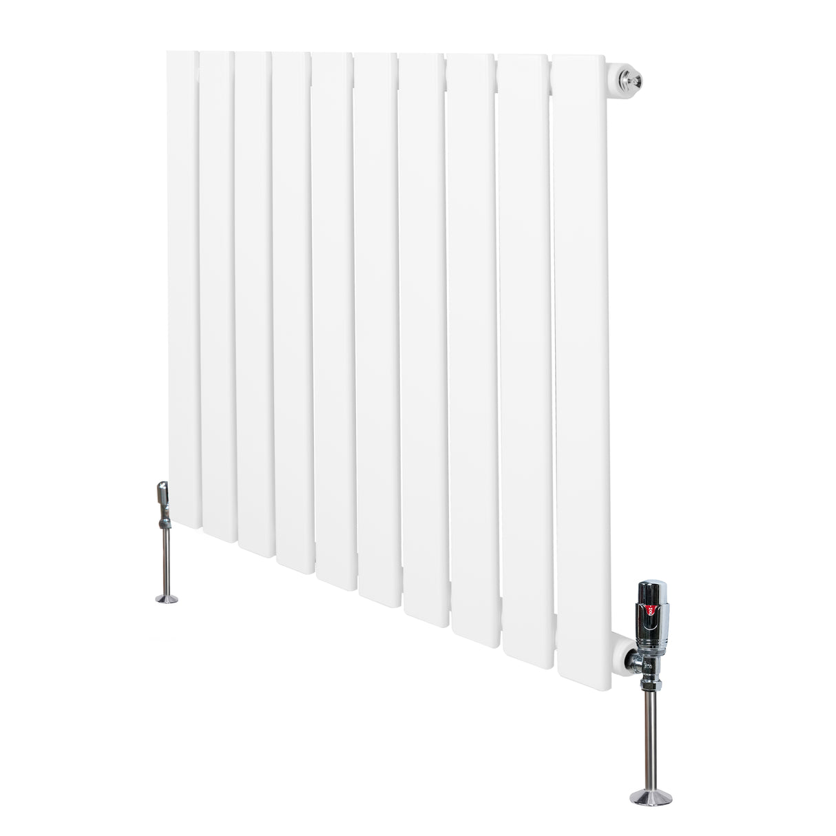 Radiatore piatto monocolonna bianco, dimensioni 600 x 700 mm, con finitura liscia e valvole di regolazione eleganti ai lati
