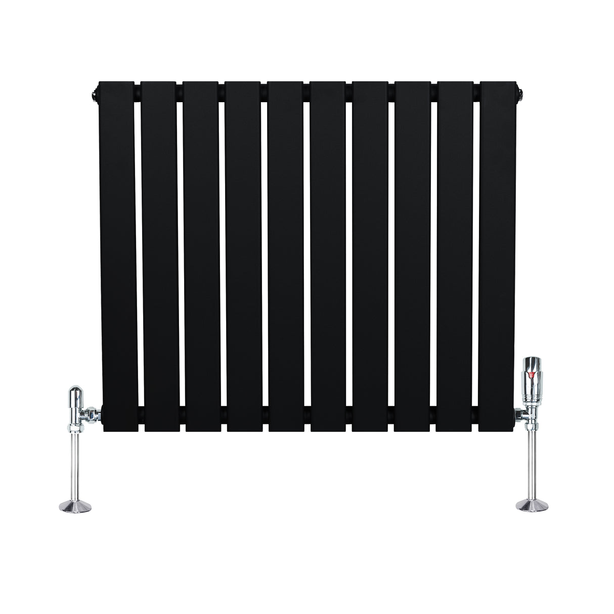 Radiatore piatto monocolonna nero, 600 x 700 mm, con finitura liscia e valvole cromate, ideale per ambienti moderni e minimalisti