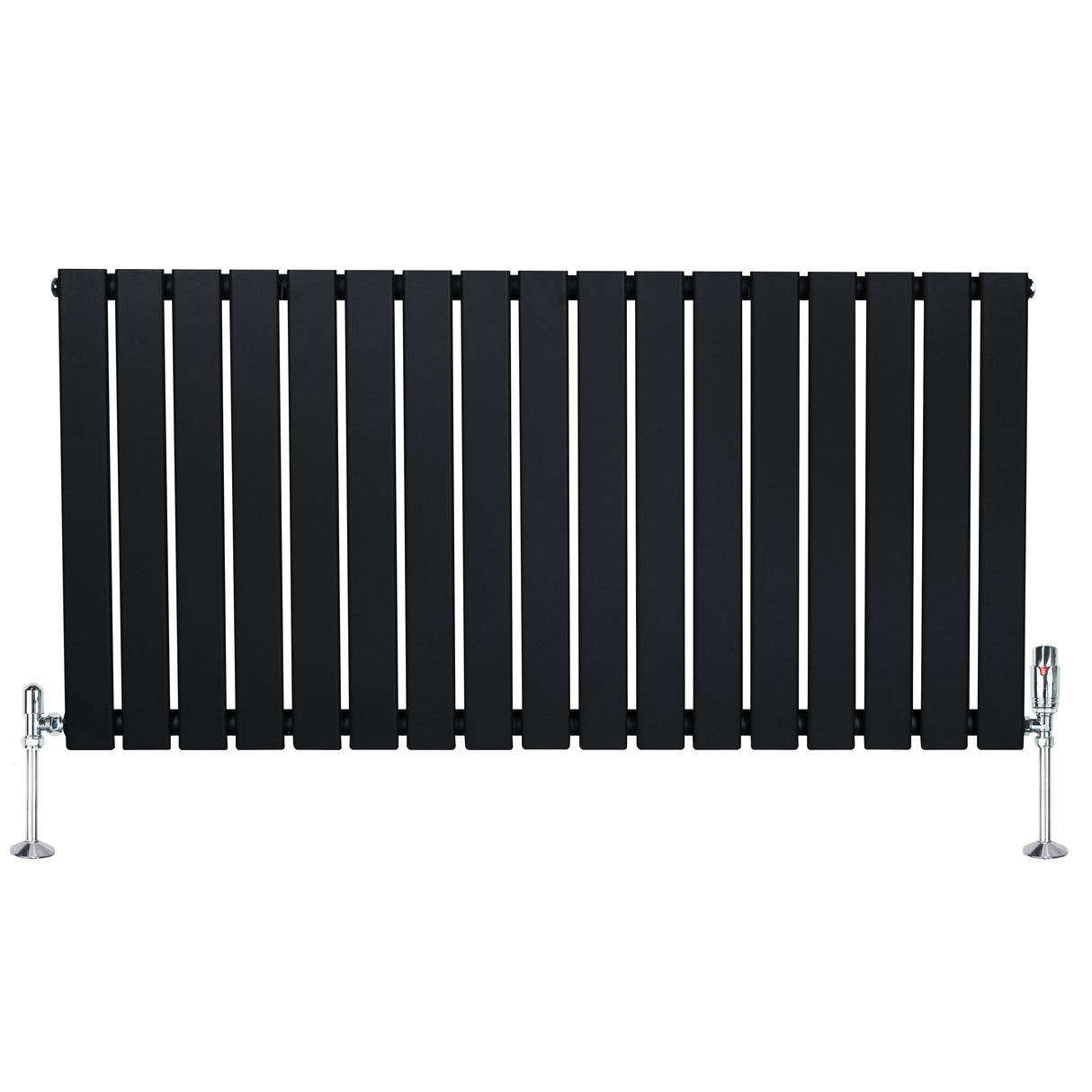 Radiatore piatto monocolonna nero, con finitura liscia e linee moderne, dotato di valvole cromate ai lati per un design elegante