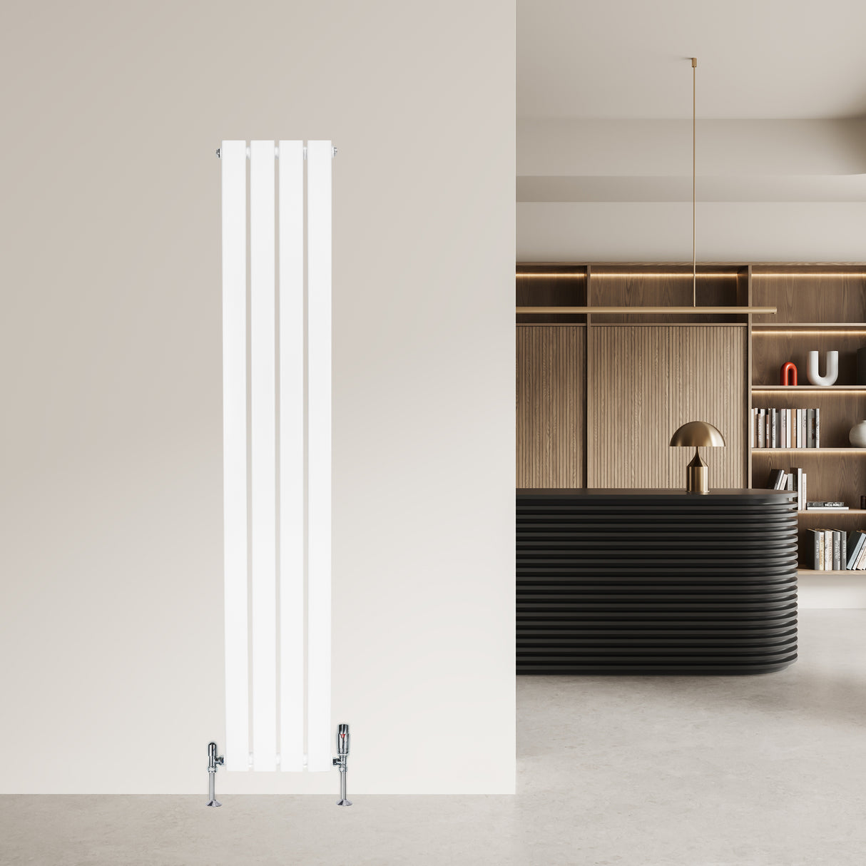 Radiatore piatto monocolonna bianco, 1600 x 280 mm, con finitura liscia e valvole, ideale per interni moderni ed eleganti