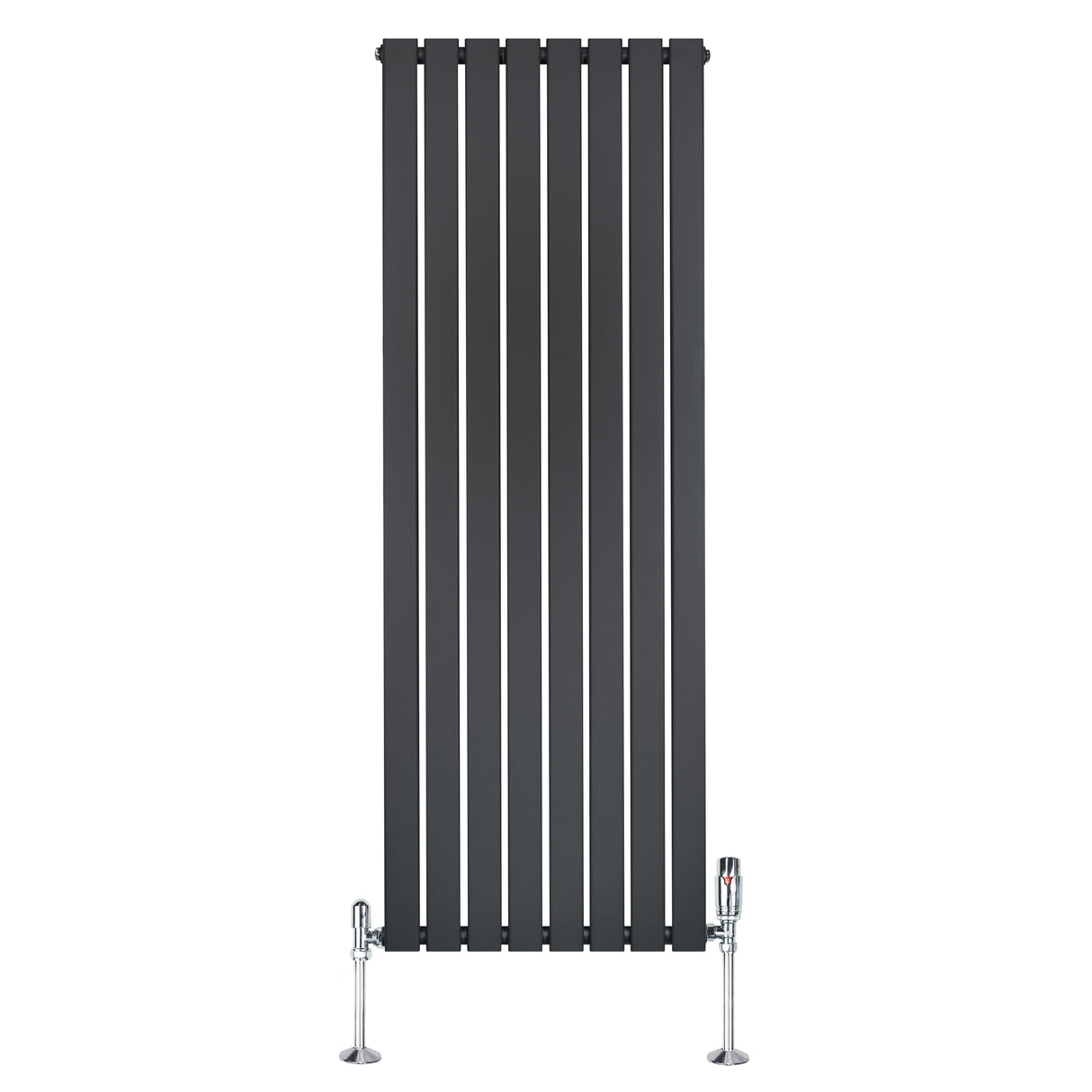 Radiatore piatto monocolonna grigio antracite, design elegante con finitura liscia e valvole cromate, dimensioni 1600 x 560 mm
