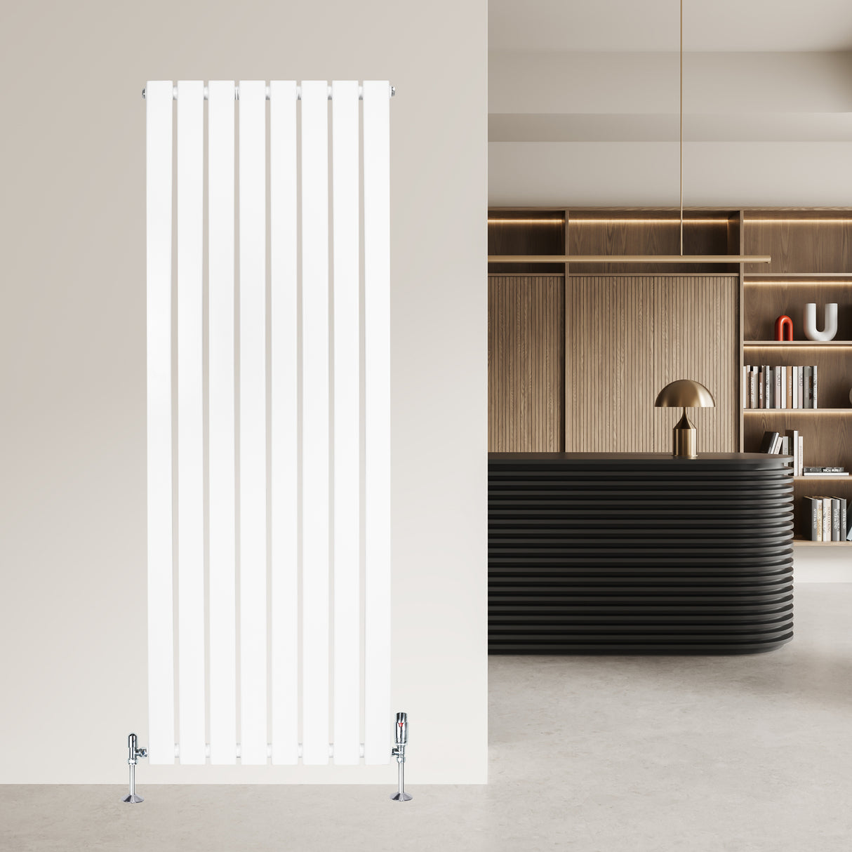 Radiatore piatto monocolonna bianco, 1600 x 560 mm, con valvole, design elegante e linee verticali, ideale per interni moderni