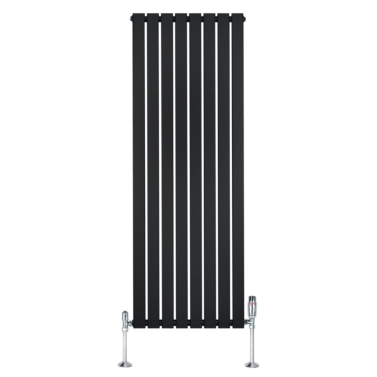 Radiatore piatto monocolonna nero, 1600 x 560 mm, con finitura liscia e valvole cromate, design moderno e lineare