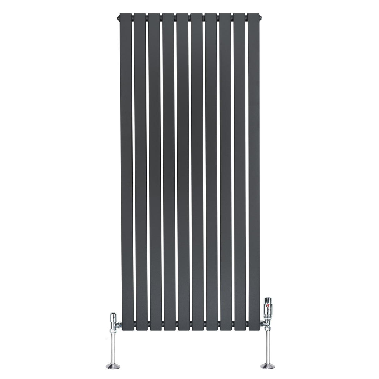 Radiatore piatto monocolonna grigio antracite, 1600 x 700 mm, con finitura liscia e valvole cromate ai lati per un design moderno