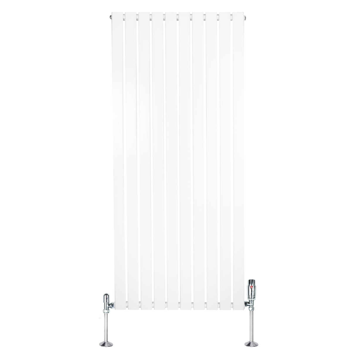 Radiatore piatto monocolonna bianco, dimensioni 1600 x 700 mm, con finitura liscia e valvole cromate ai lati per un design elegante