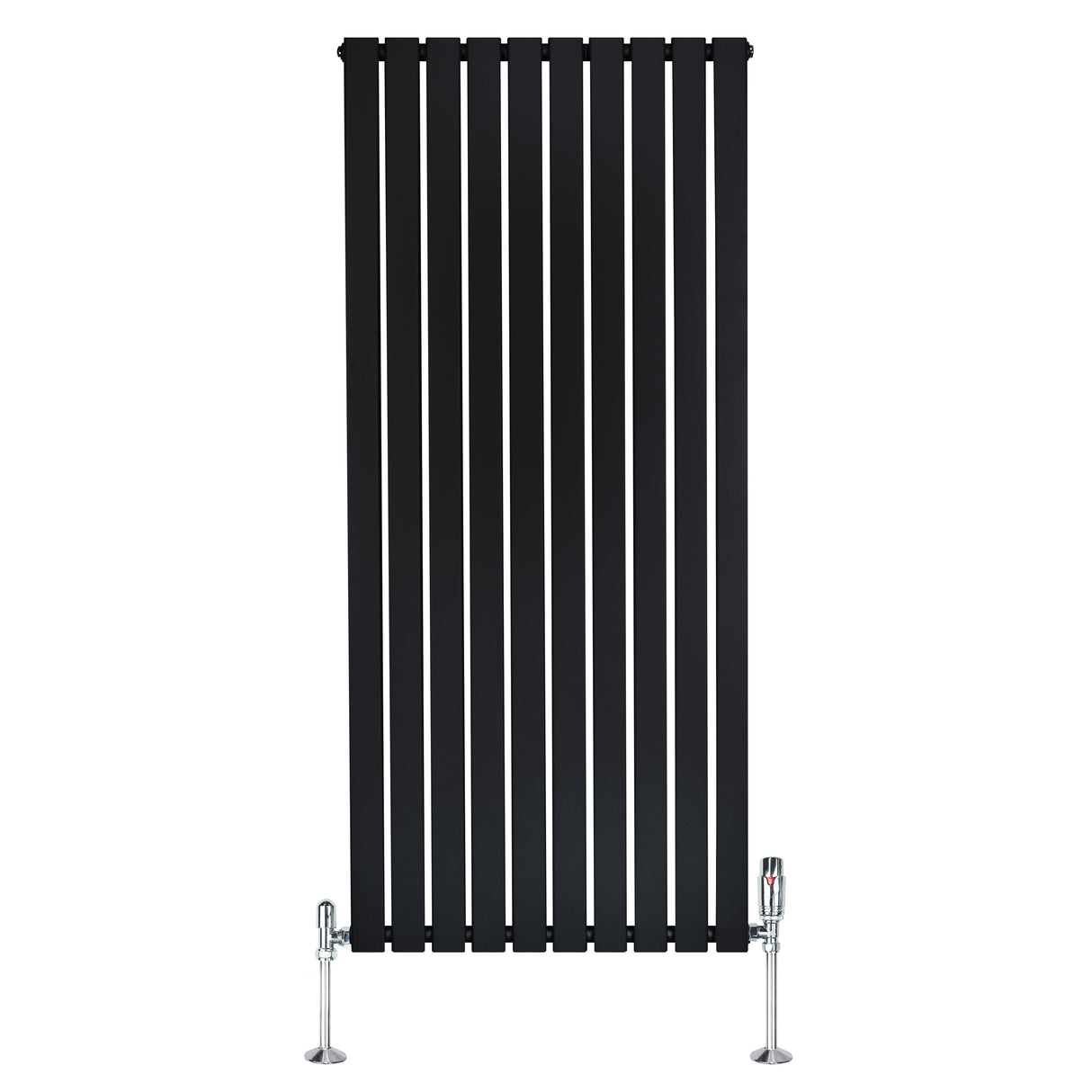 Radiatore piatto monocolonna nero, 1600 x 700 mm, con finitura liscia e valvole cromate, design elegante e moderno
