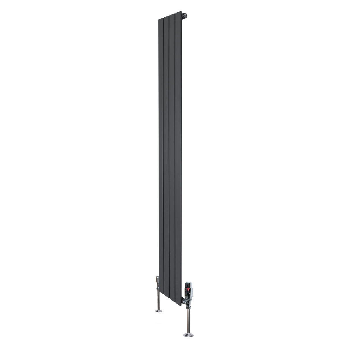 Radiatore piatto monocolonna grigio antracite, 1800 x 280 mm, con finitura liscia e valvole eleganti ai lati per un design moderno