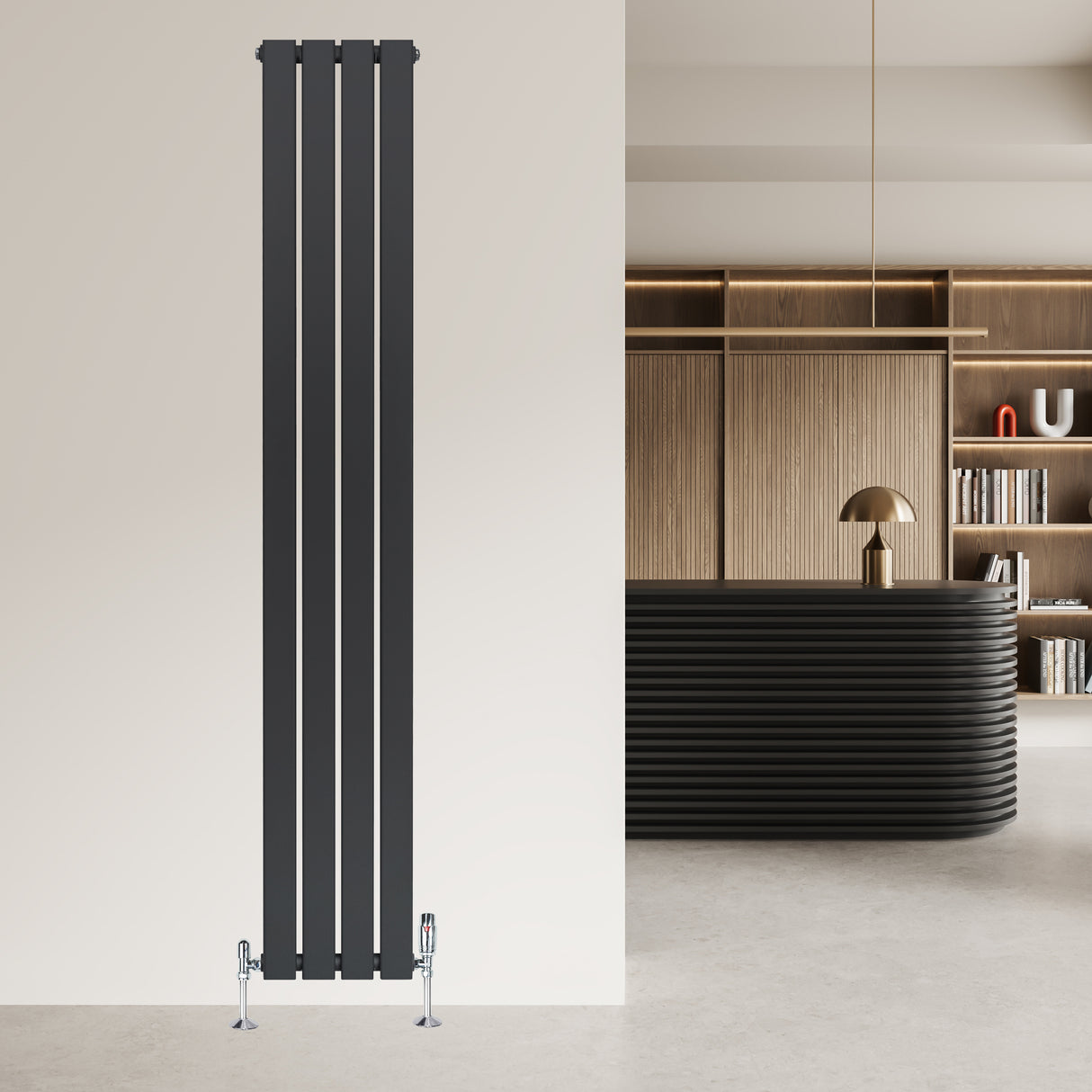 Radiatore piatto monocolonna grigio antracite, design elegante e moderno, installato su parete bianca, con valvole visibili