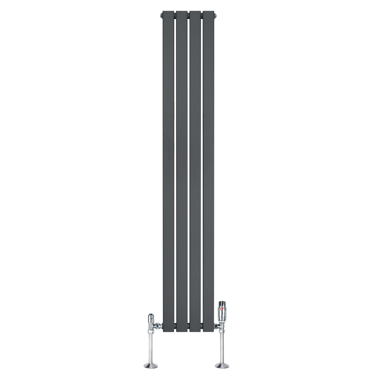 Radiatore piatto monocolonna grigio antracite, design elegante con finitura liscia e valvole cromate, dimensioni 1800 x 280 mm
