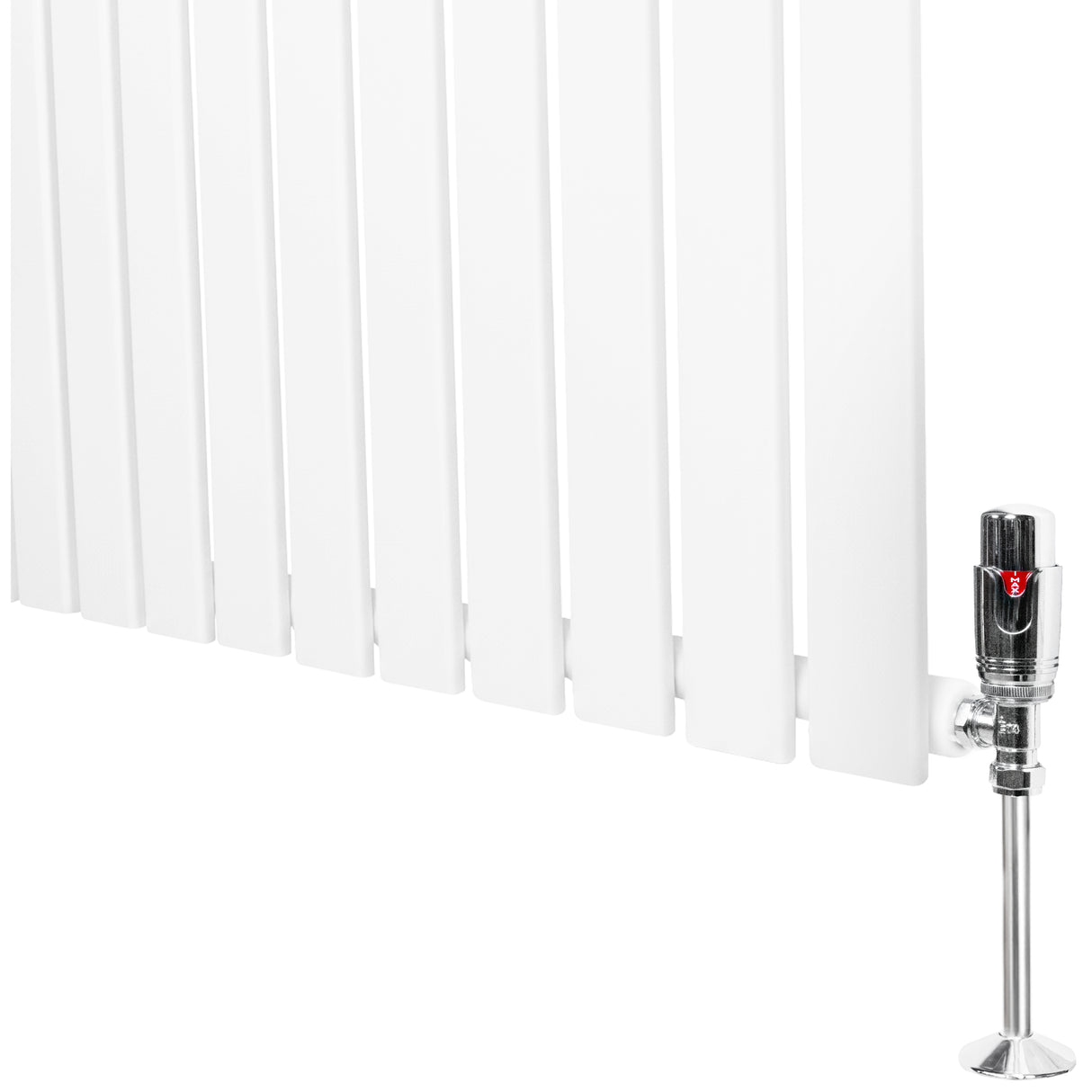 Radiatore piatto monocolonna bianco, dimensioni 1800 x 280 mm, con valvole cromate e finitura liscia e moderna
