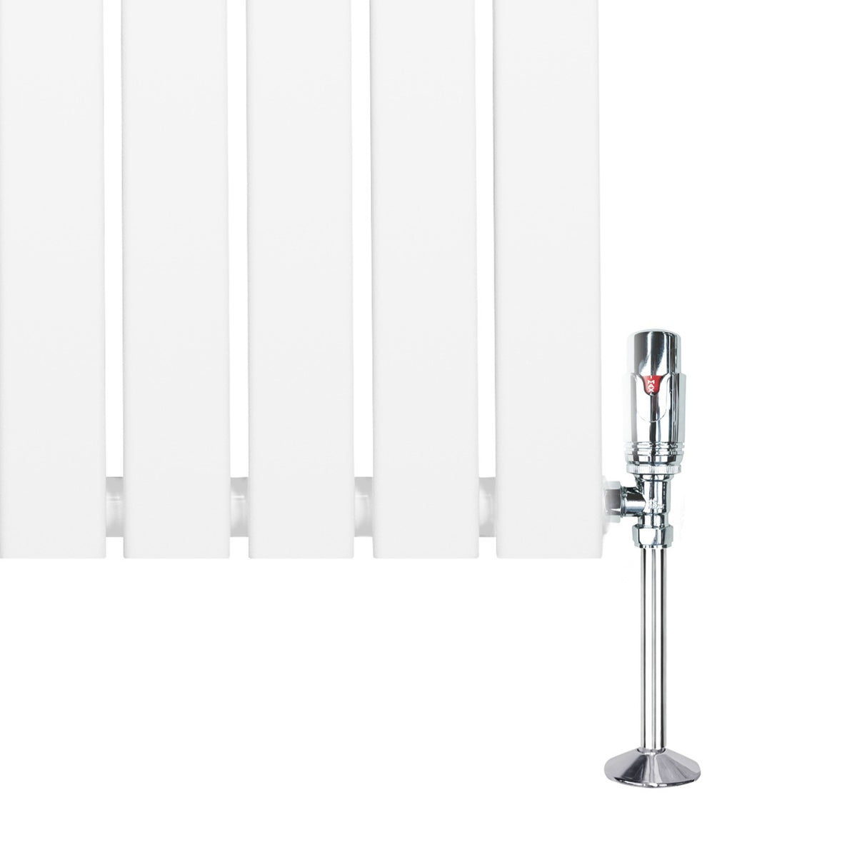 Radiatore piatto monocolonna bianco, dimensioni 1800 x 280 mm, con valvole cromate e finitura liscia e moderna