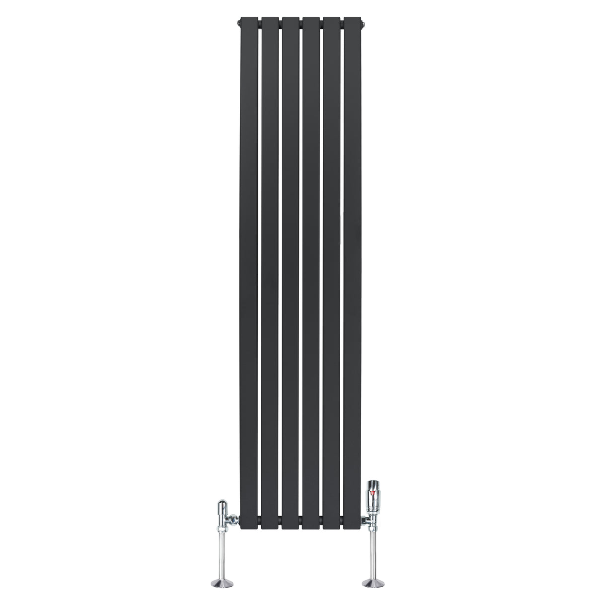 Radiatore piatto monocolonna grigio antracite, design elegante con finitura liscia, dimensioni 1800 x 420 mm, dotato di valvole cromate