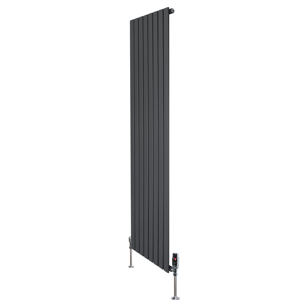 Radiatore piatto monocolonna grigio antracite, 1800 x 560 mm, con finitura liscia e valvole moderne, ideale per ambienti eleganti