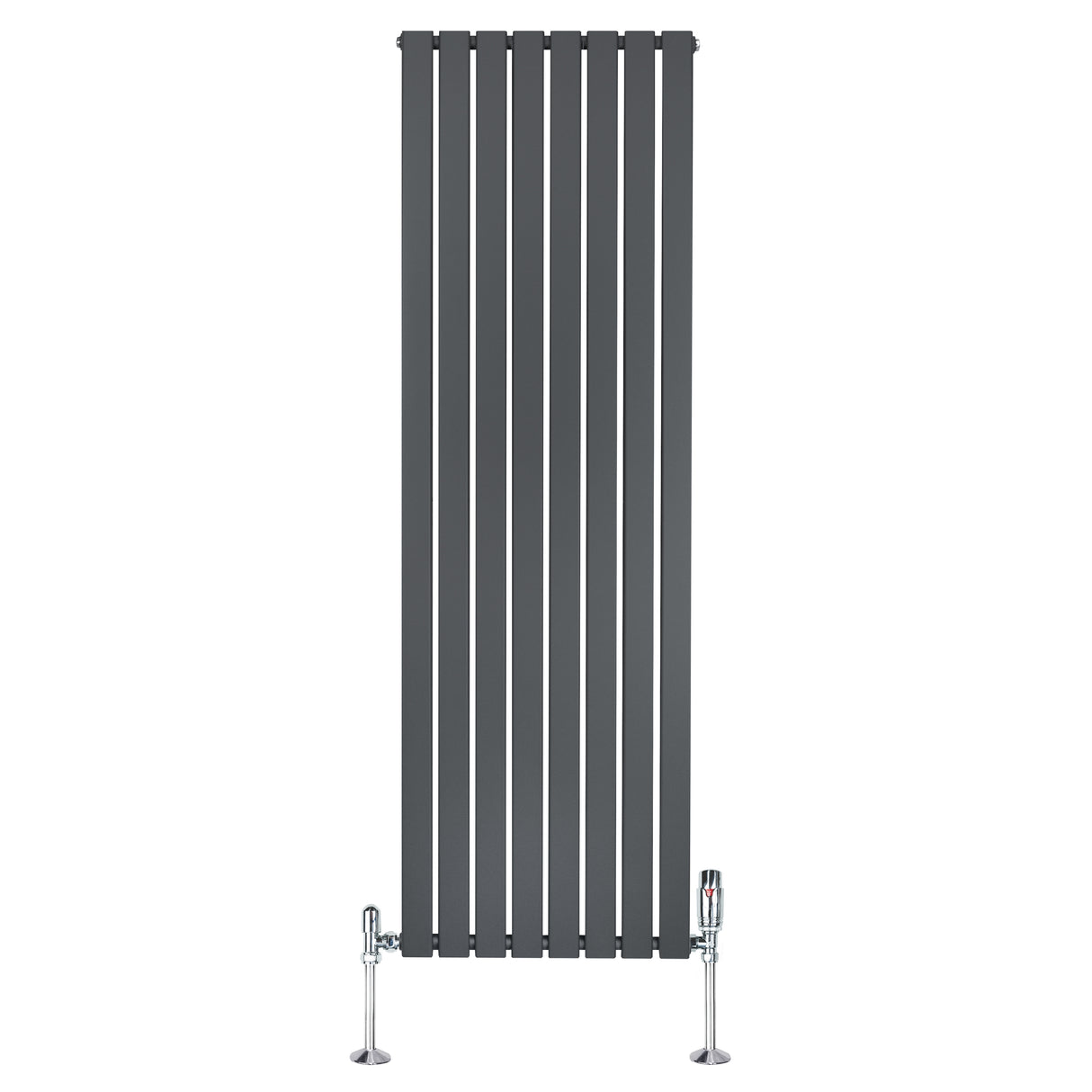 Radiatore piatto monocolonna grigio antracite, misura 1800 x 560 mm, con finitura liscia e valvole cromate ai lati