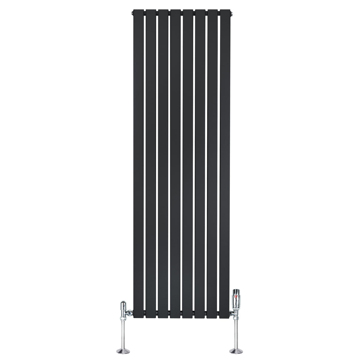 Radiatore piatto monocolonna nero, 1800 x 560 mm, con finitura liscia e valvole cromate, ideale per ambienti moderni
