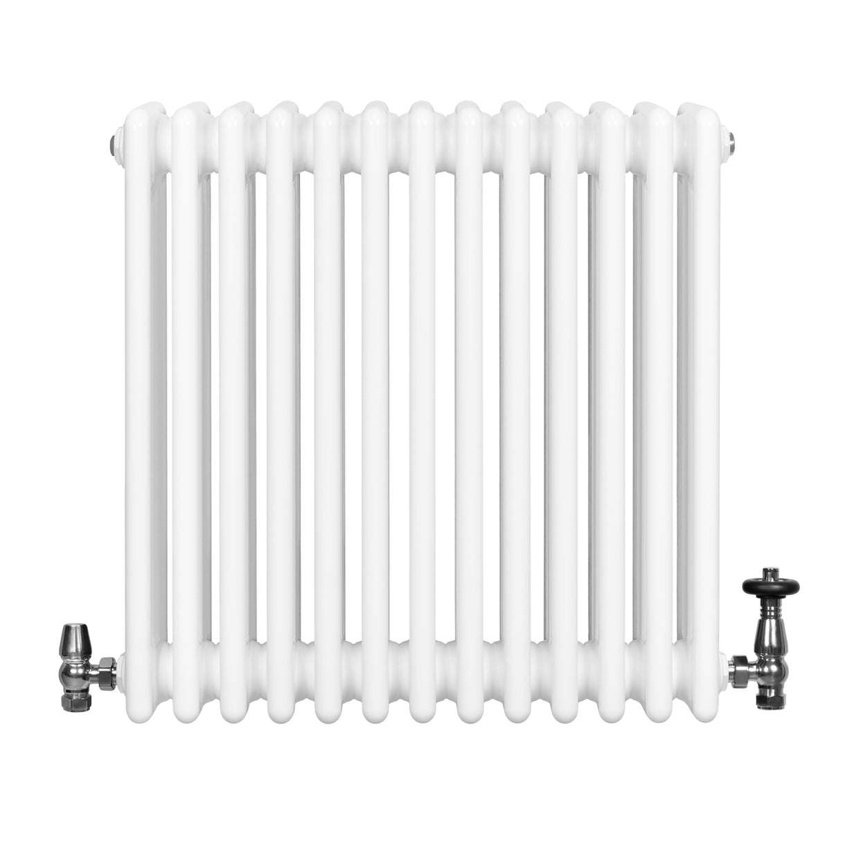 Radiatore tradizionale a 4 colonne, bianco lucido, con valvole metalliche, design elegante e linee pulite, dimensioni 600 x 605 mm