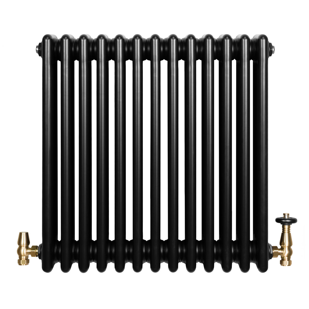 Radiatore tradizionale a 4 colonne, finitura nera lucida, con valvole in ottone, design elegante e linee classiche, dimensioni 600 x 605 mm