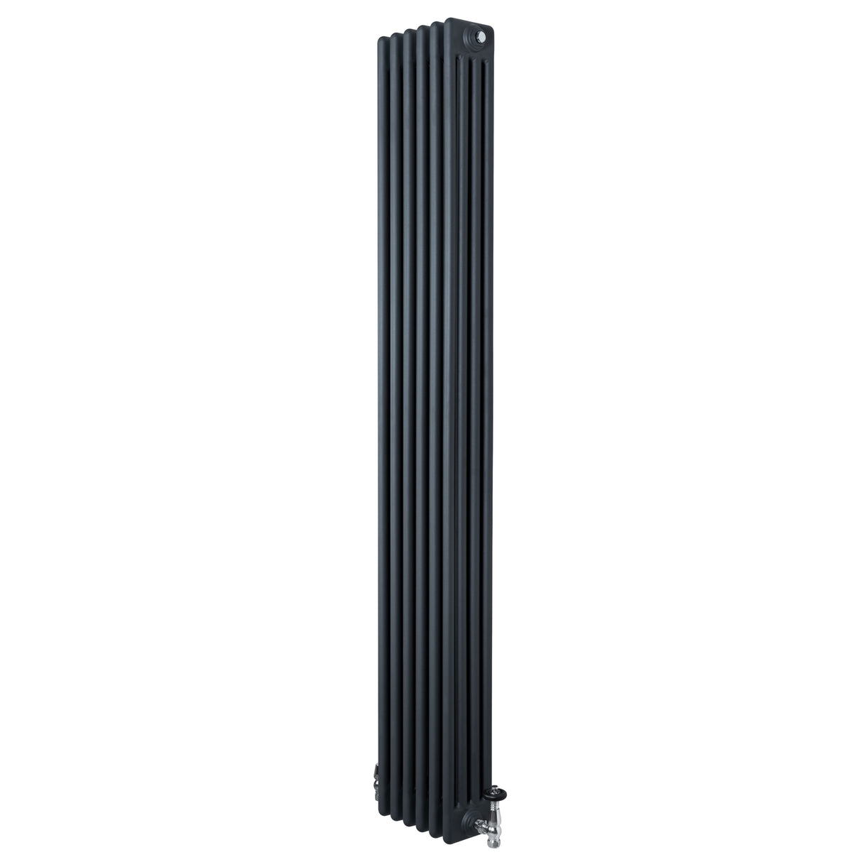 Radiatore tradizionale verticale a 4 colonne, grigio antracite, con finitura liscia e valvole, dimensioni 1800 x 290 mm