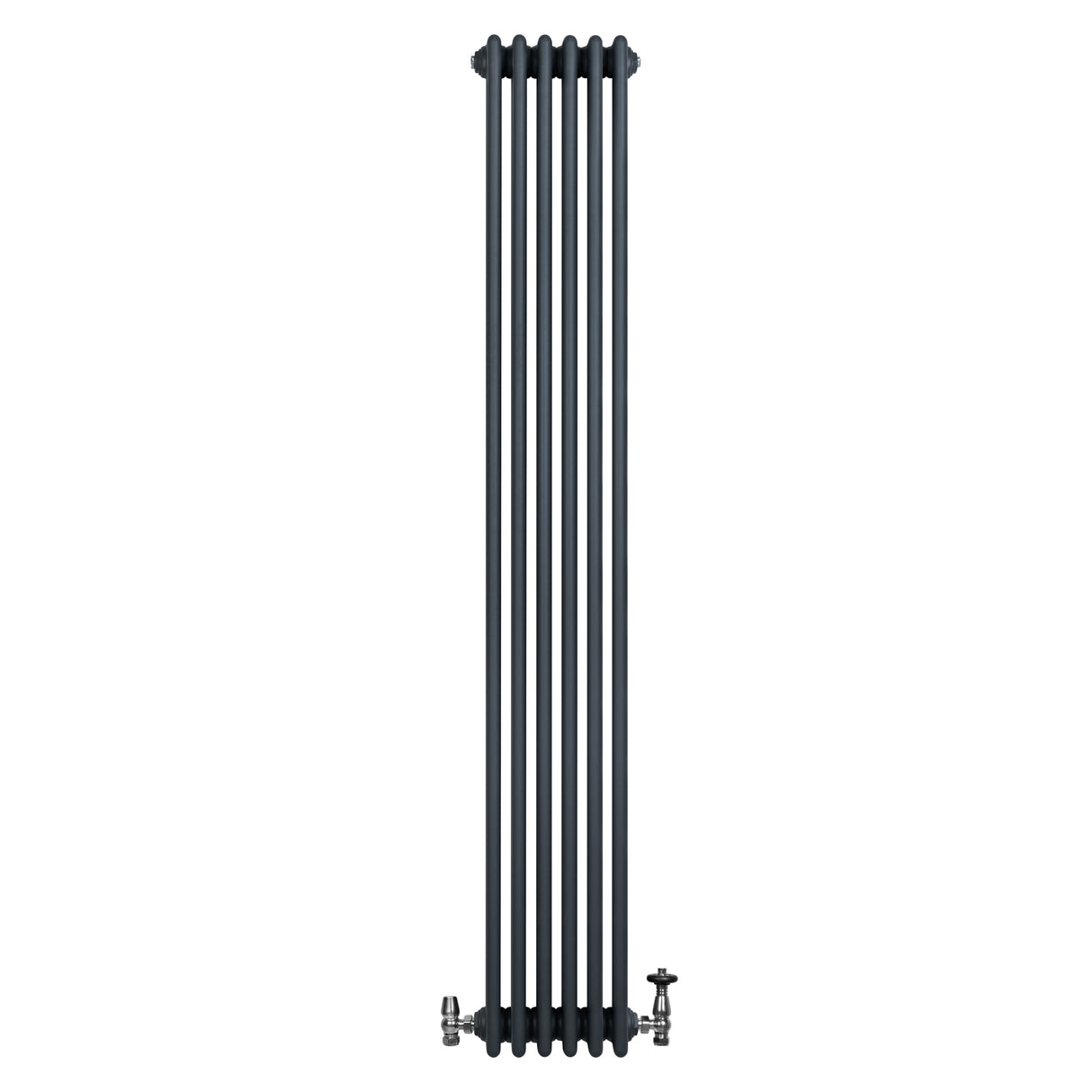 Radiatore tradizionale verticale a 4 colonne, grigio antracite, con finitura liscia e valvole, misura 1800 x 290 mm