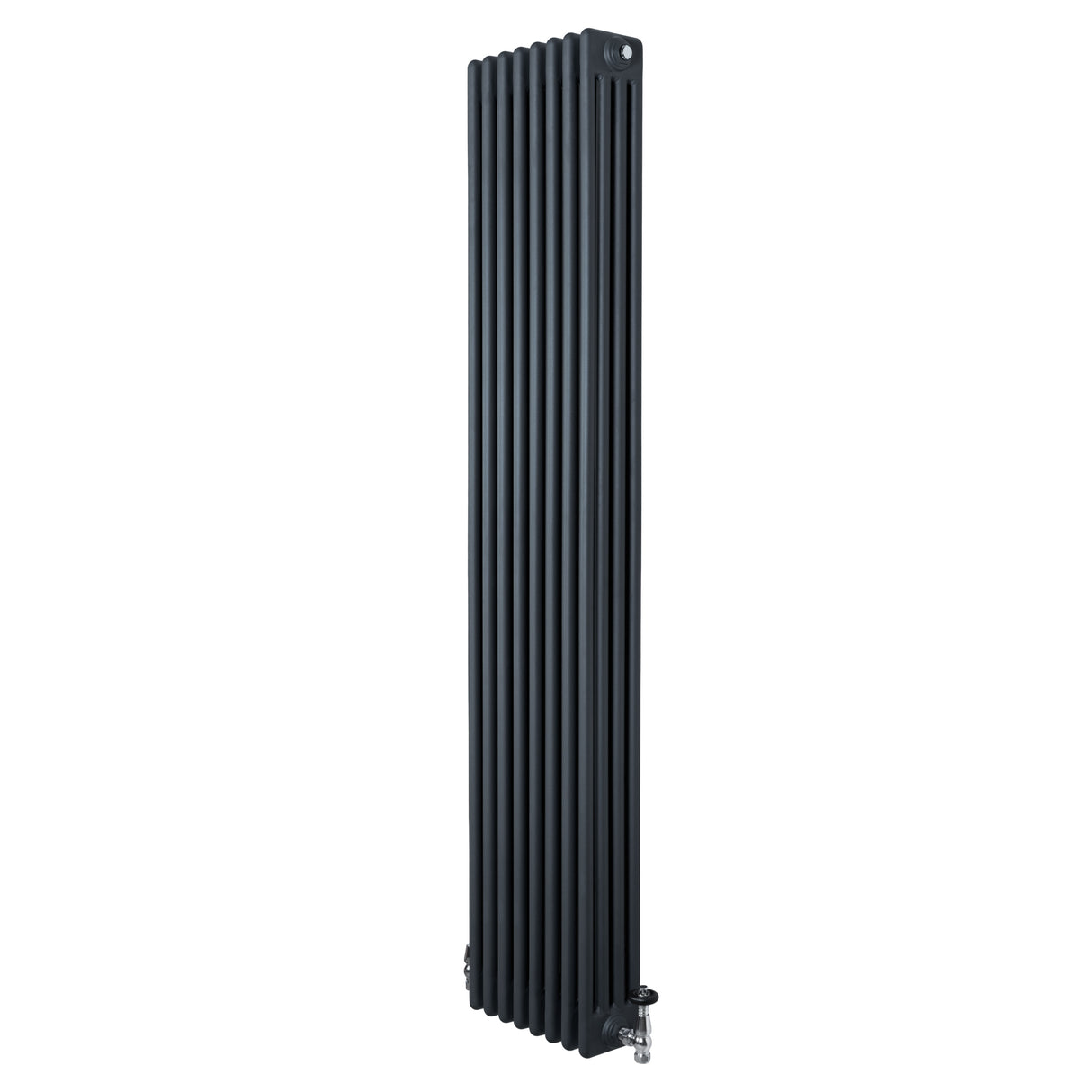 Radiatore tradizionale verticale a 4 colonne, grigio antracite, con finitura liscia e valvole, misura 1800 x 380 mm