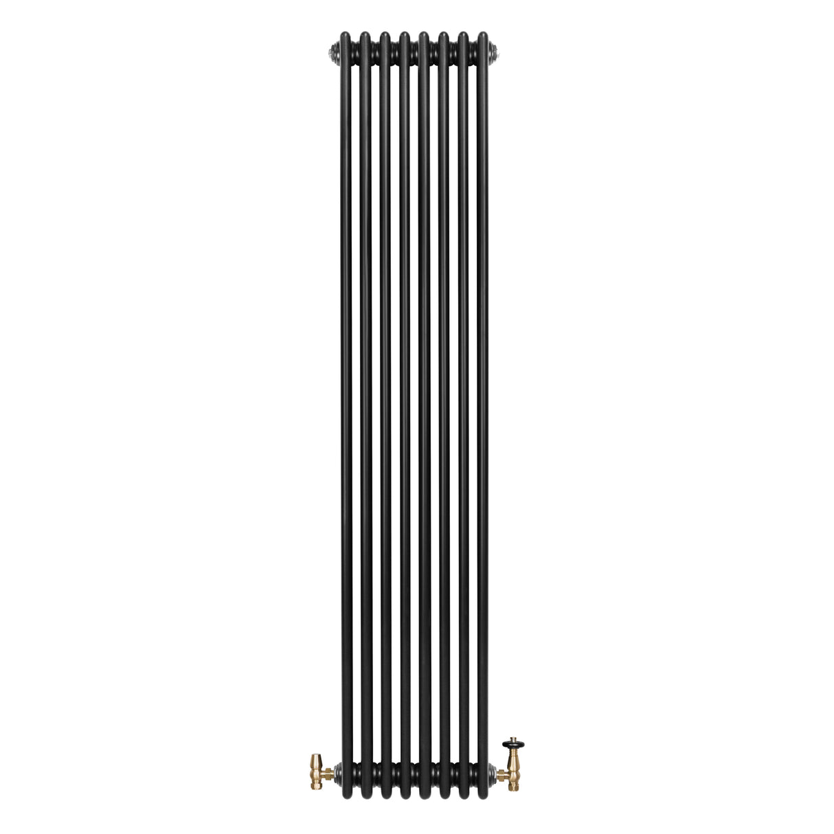 Radiatore tradizionale verticale a 4 colonne, finitura nera opaca, con valvole dorate, misura 1800 x 380 mm, design elegante e moderno