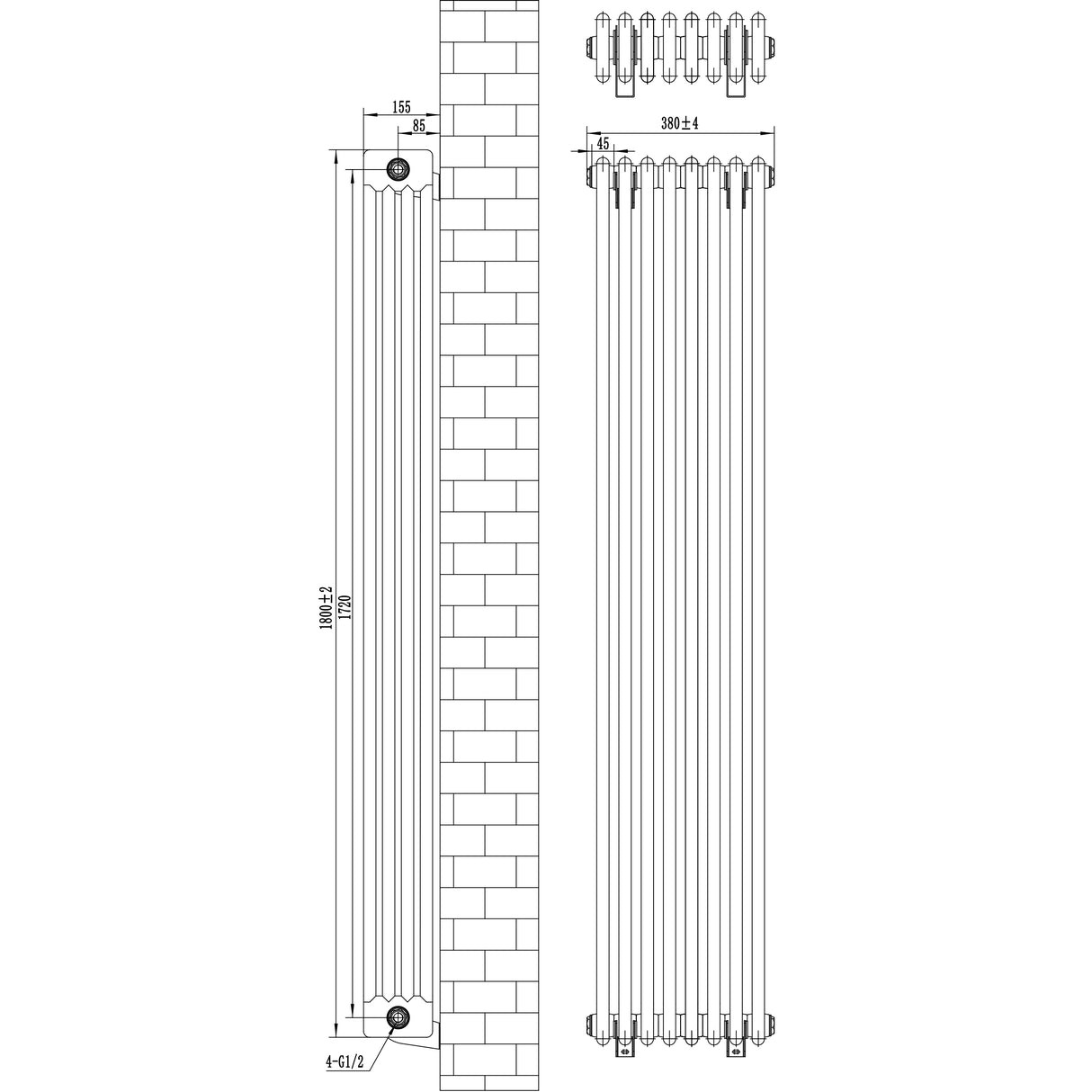 Radiatore tradizionale verticale a 4 colonne, colore nero, dimensioni 1800 x 380 mm, con dettagli tecnici e valvole integrate